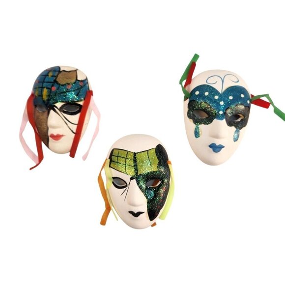Venetian Style Mardí Gras Ceramic Mini Wall Masks Set Of 3 Colorful Glitter Acce - Picture 1 of 5